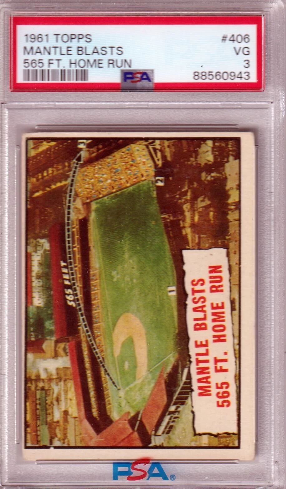 1961 Topps MICKEY MANTLE Blasts 565ft Home Run #406 PSA 3 VG - YANKEES