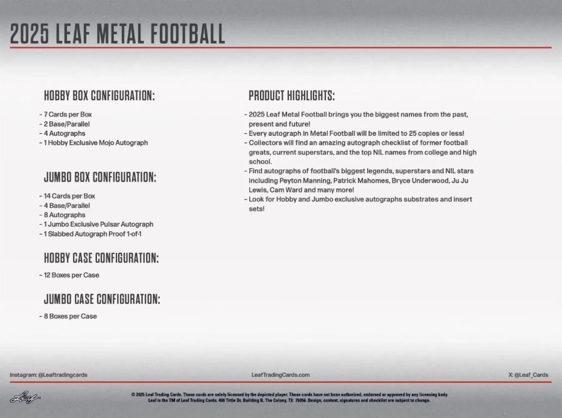 2025 Leaf Metal Football Hobby Box - Image 8