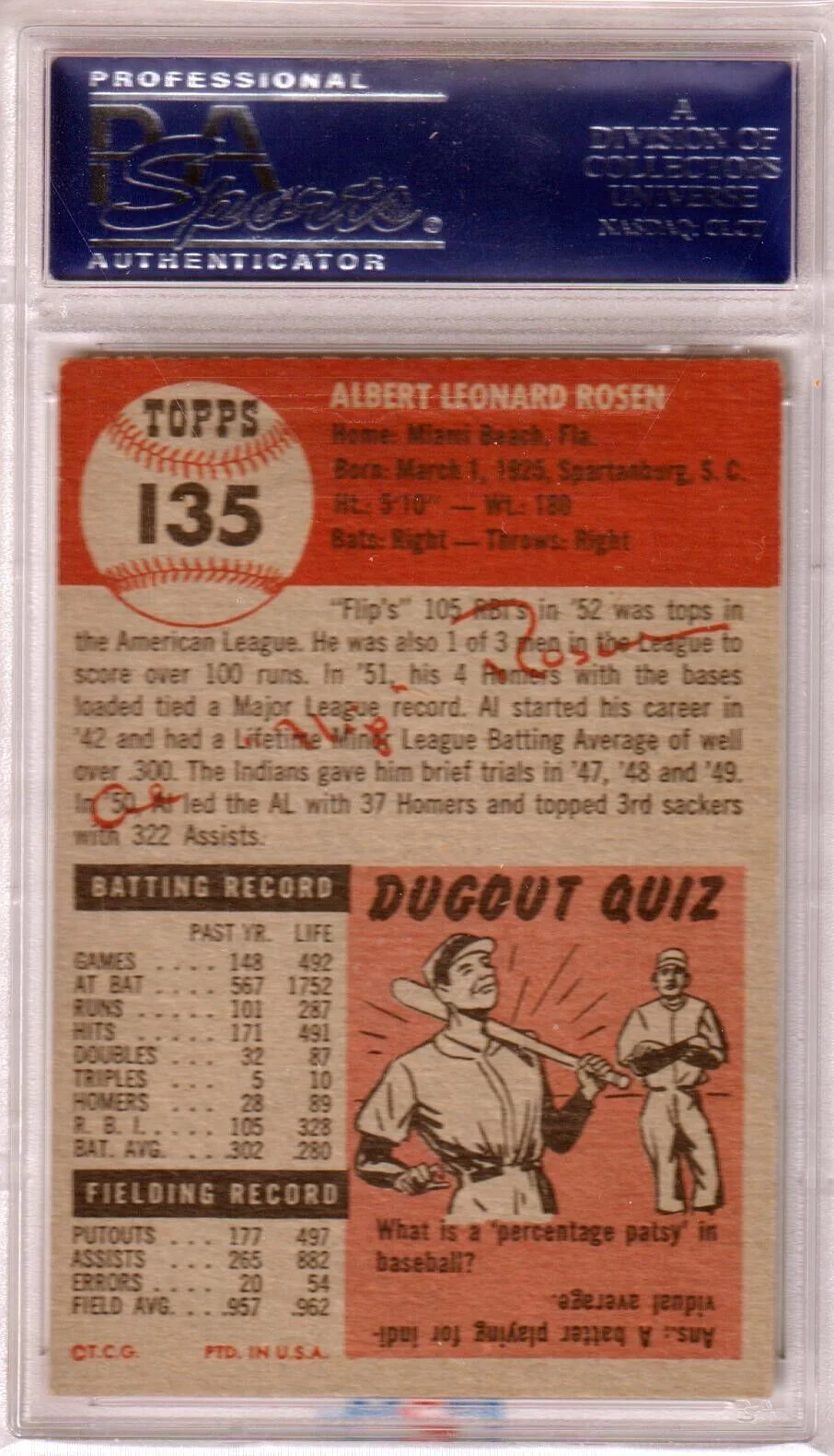 AL ROSEN 1953 Topps #135 PSA 5.5 EX+ - INDIANS - Image 2