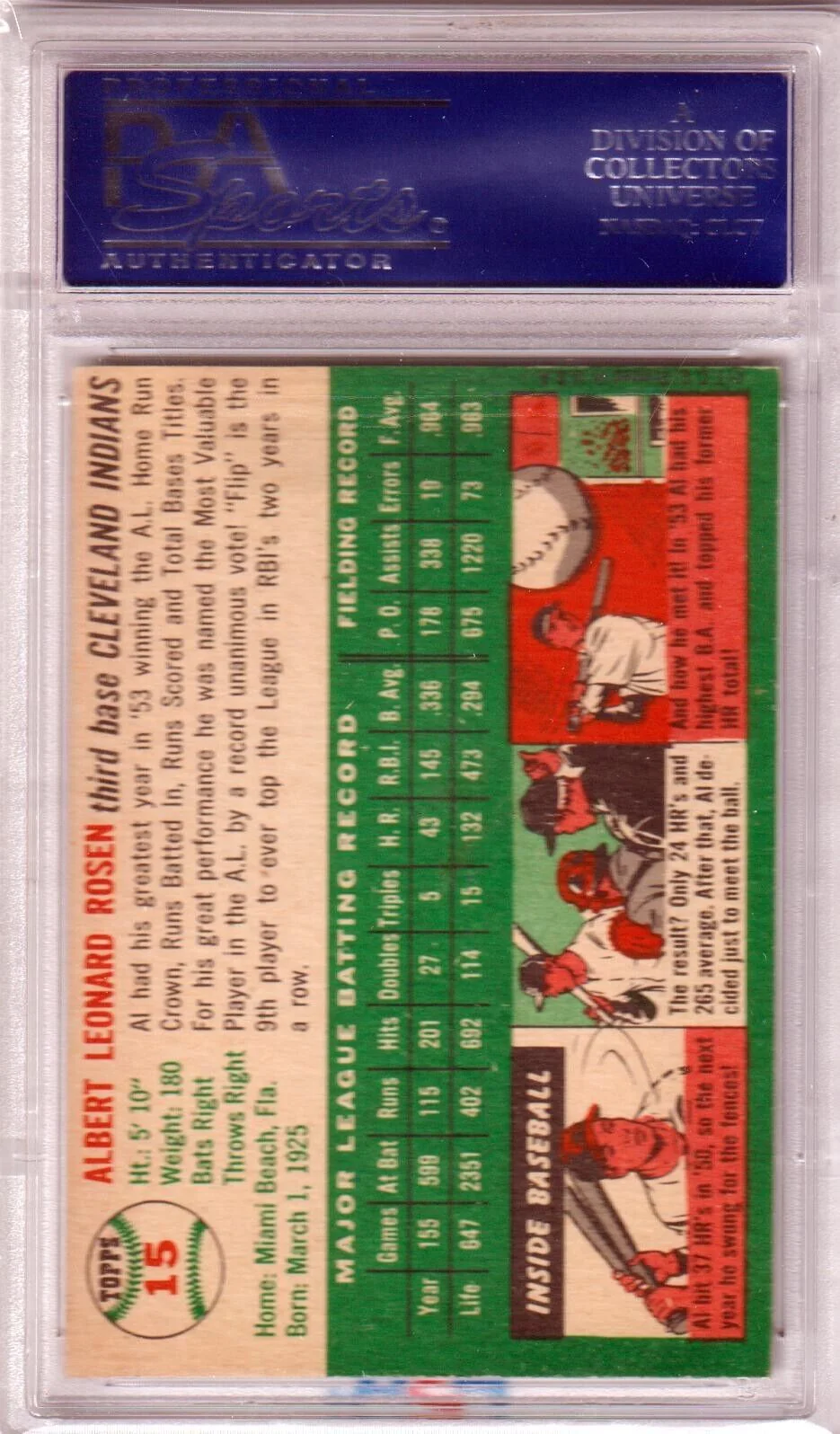 AL ROSEN 1954 Topps #15 PSA 7 NM - INDIANS - Image 2