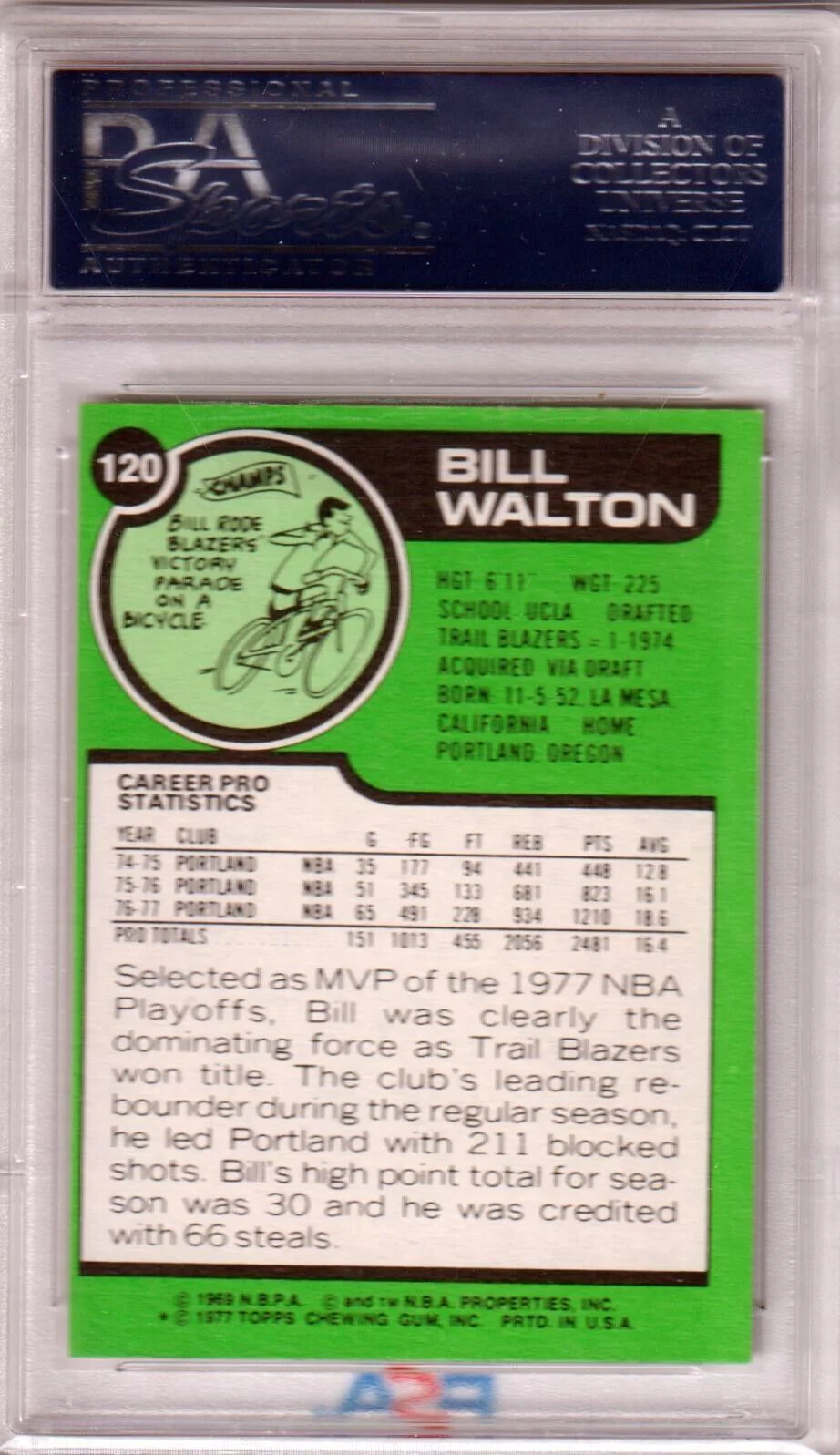 BILL WALTON 1977-78 Topps #120 PSA 9 MINT - TRAIL BLAZERS - Image 2
