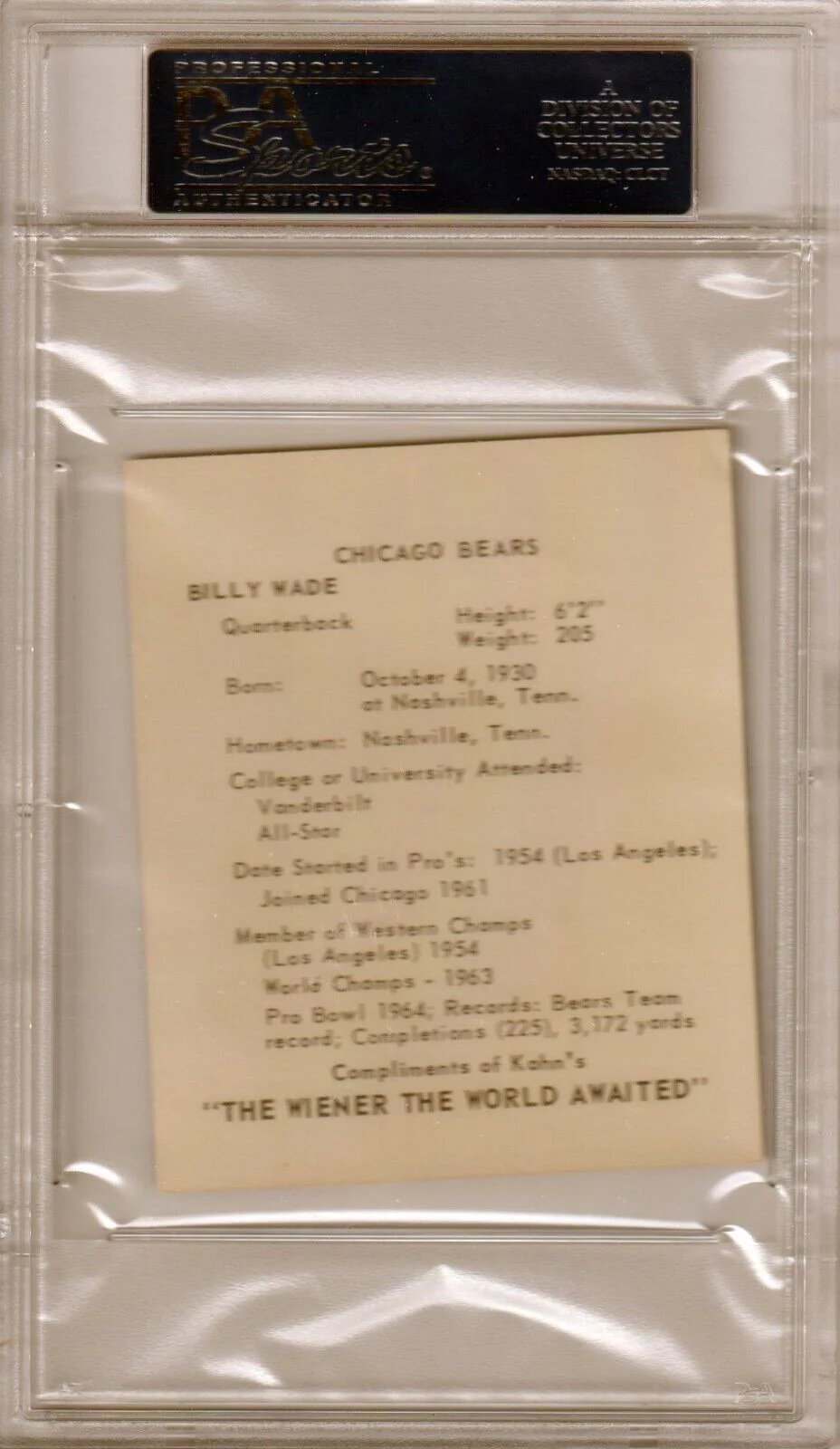 BILLY WADE 1964 Kahn's Wieners PSA 8 NM-MT - RAMS BEARS - Image 2