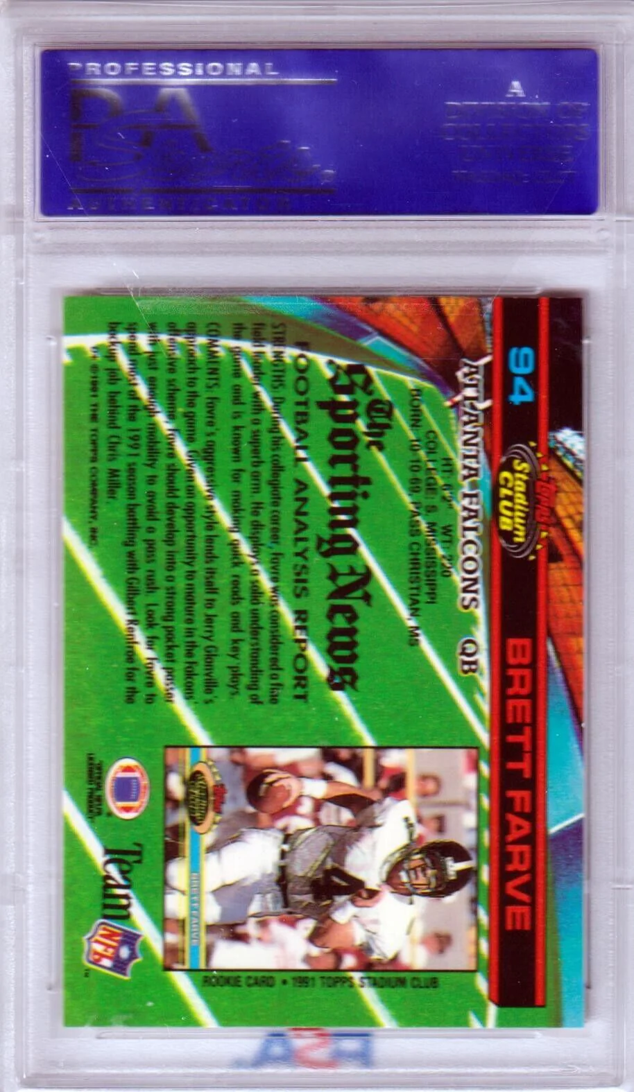 BRETT FAVRE 1991 Topps Stadium Club RC Rookie #94 PSA 9 MINT - FALCONS - Image 2
