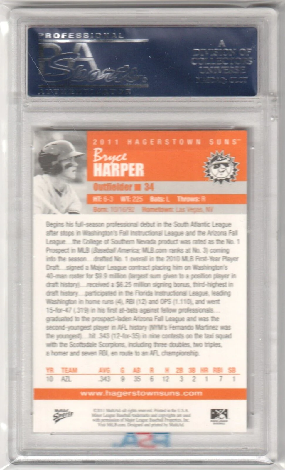 BRYCE HARPER 2011 Multi-Ad Hagerstown Suns RC PSA 10 GEM MINT - PHILLIES - Image 2