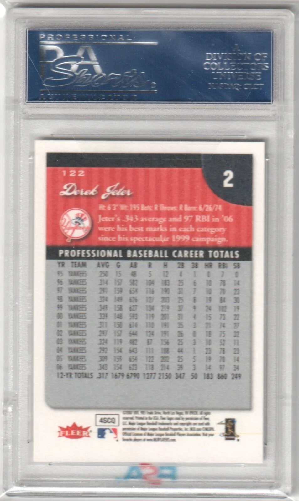 DEREK JETER 2007 Fleer #122 PSA 10 GEM MINT - YANKEES - Image 2