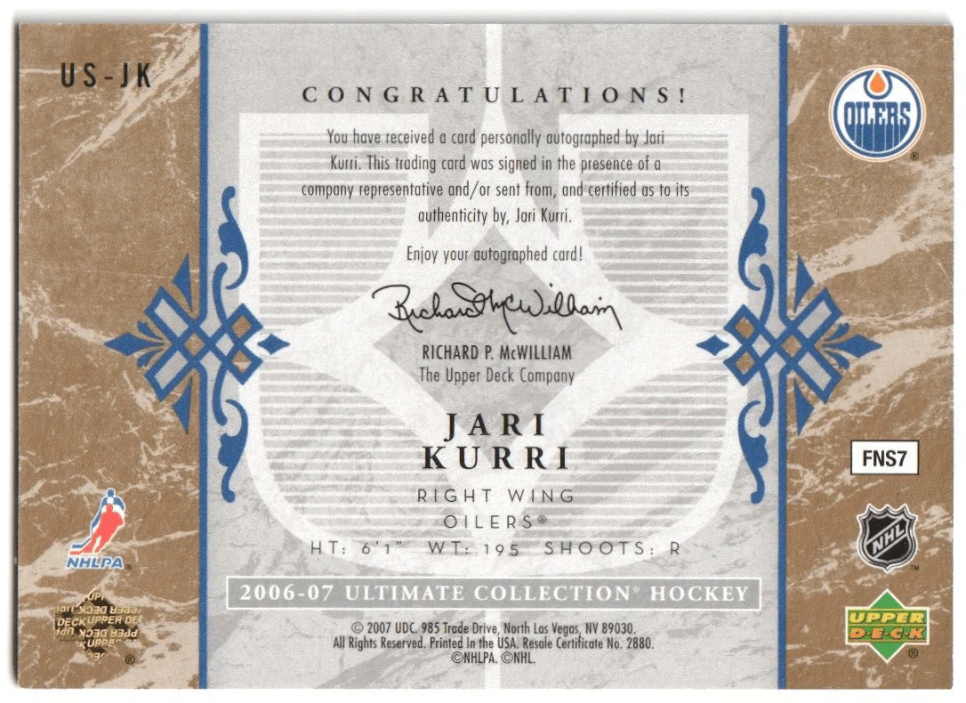 JARI KURRI 2006-07 Upper Deck Ultimate Collection Autograph Auto - OILERS - Image 2
