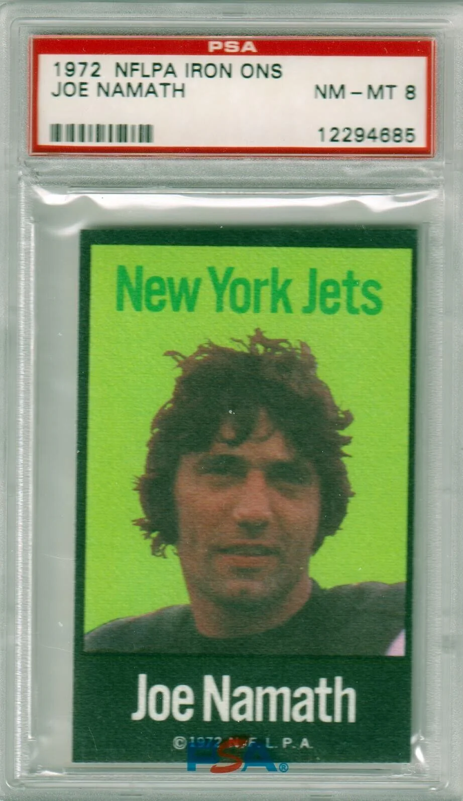 JOE NAMATH 1972 NFLPA IRON ONS PSA 8 NM-MT - JETS
