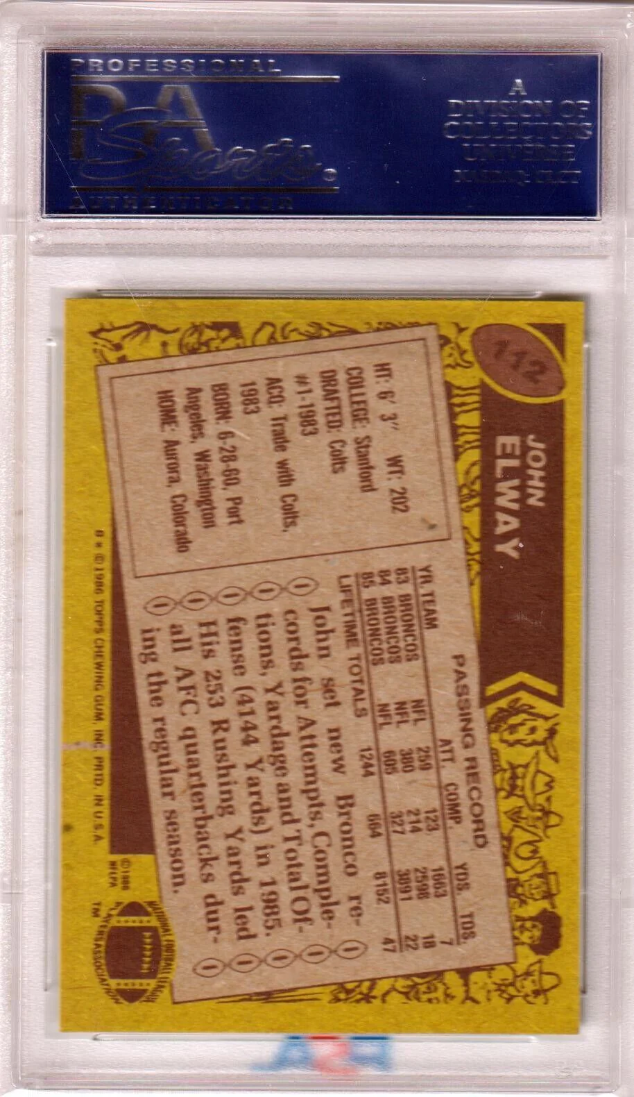 JOHN ELWAY 1986 Topps HOF #112 PSA 9 MINT - BRONCOS - Image 2