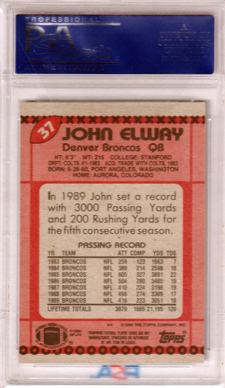 JOHN ELWAY 1990 Topps HOF #37 PSA 9 MINT - BRONCOS - Image 2