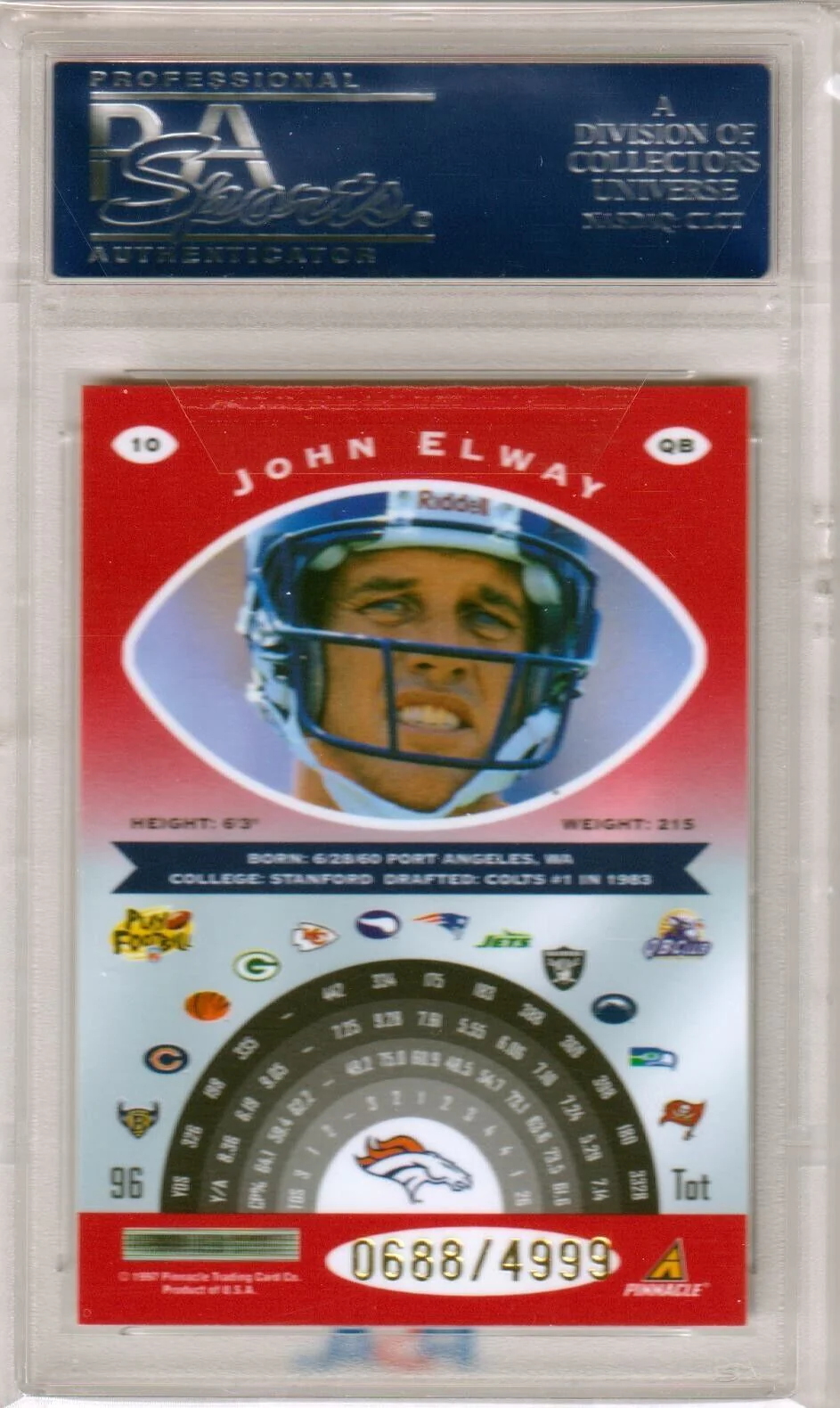 JOHN ELWAY 1997 Totally Certified Platinum Red #/4999 PSA 10 GEM MINT - BRONCOS - Image 2
