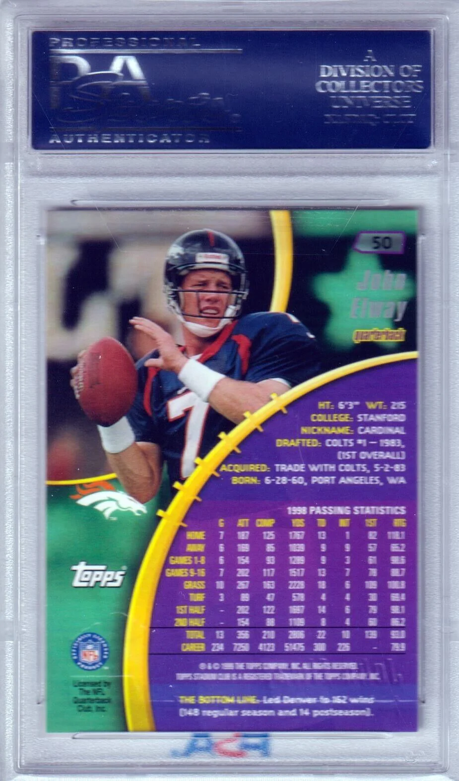 JOHN ELWAY 1999 Topps Stadium Club #50 PSA 10 GEM MINT - BRONCOS - Image 2