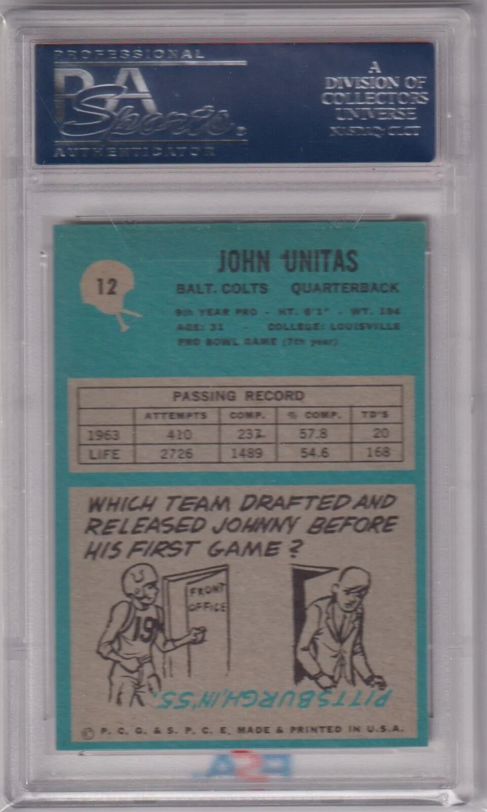 JOHN JOHNNY UNITAS 1964 Philadelphia #12 PSA 7 NM - COLTS - Image 2