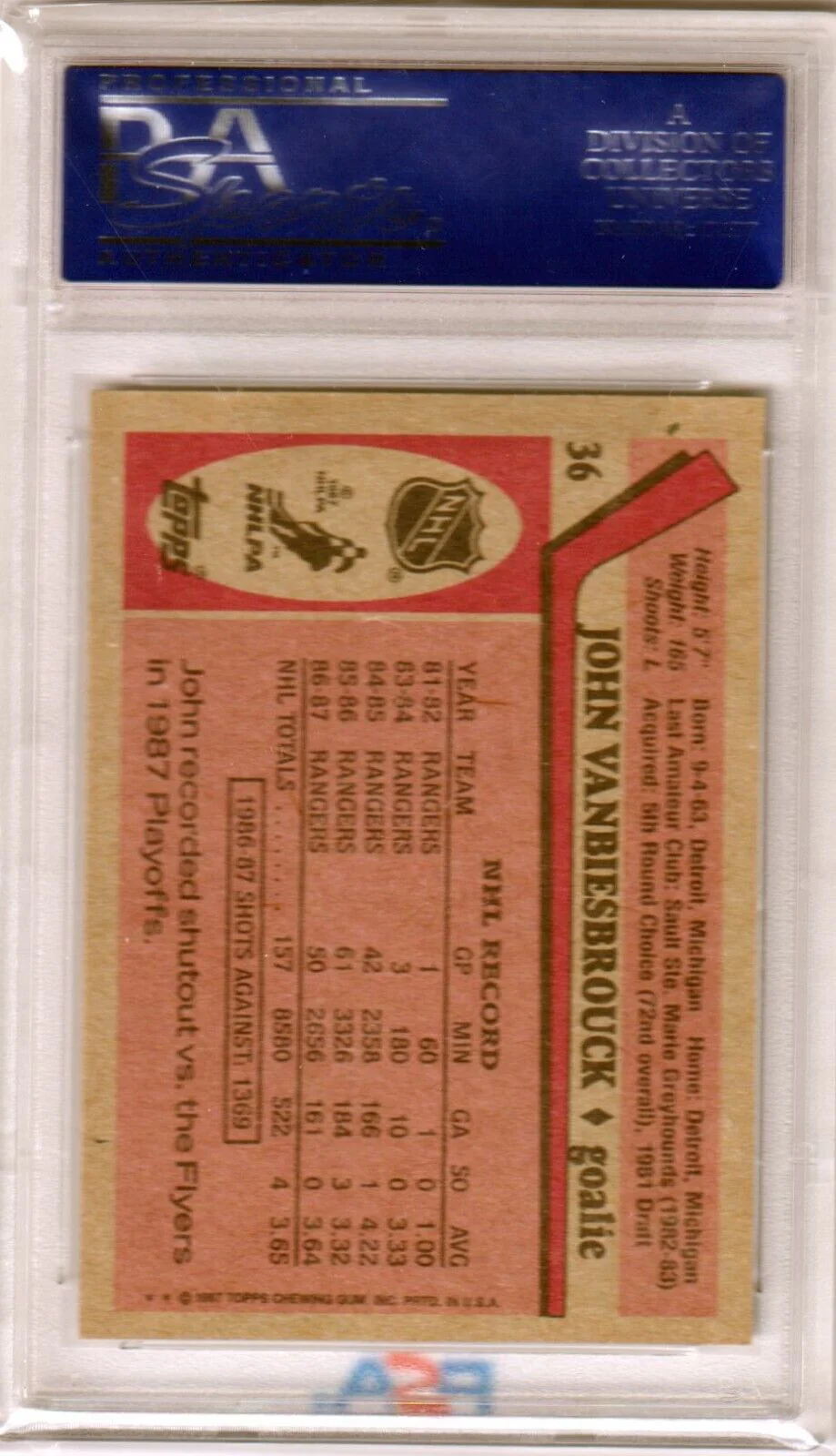 JOHN VANBIESBROUCK 1987 Topps RC Rookie #36 PSA 10 GEM MINT - RANGERS - Image 2