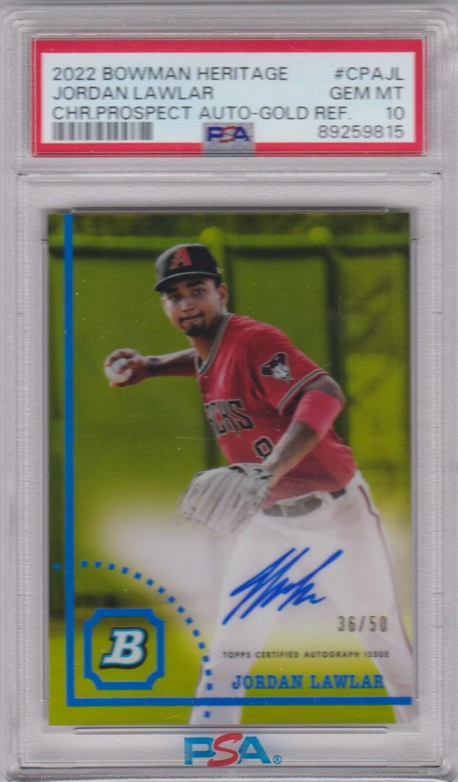 JORDAN LAWLAR 2022 Bowman Heritage Gold Autograph Refractor Auto #/50 PSA 10 GEM