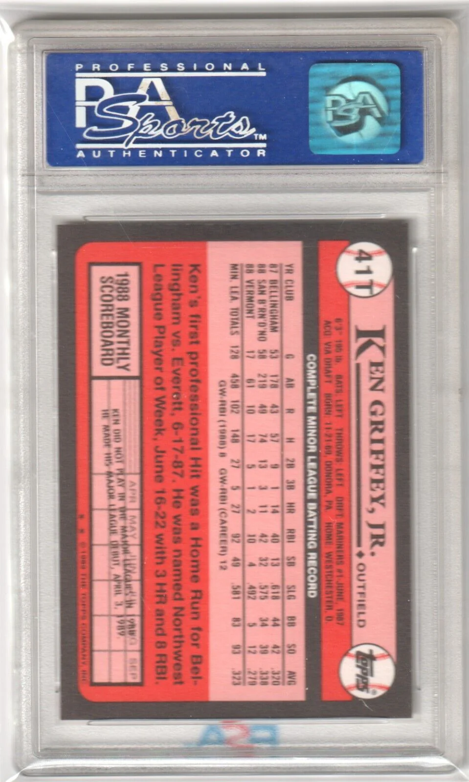 KEN GRIFFEY JR 1989 Topps Traded RC Rookie #41T PSA 9 MINT - MARINERS - Image 2