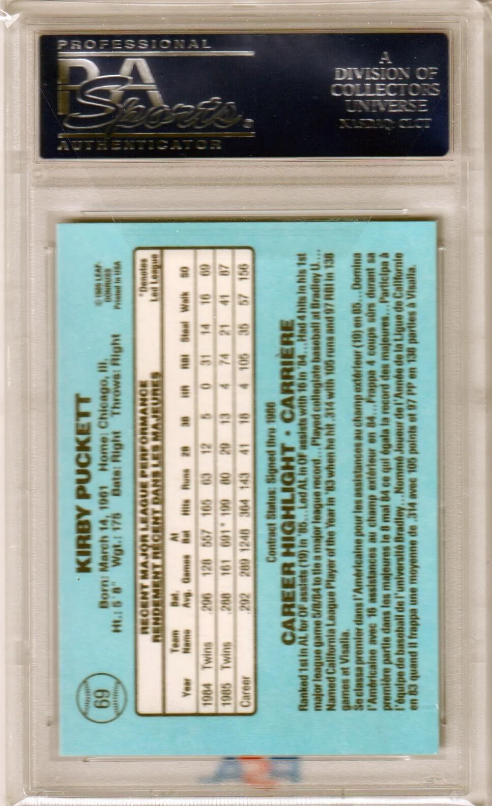 KIRBY PUCKETT 1986 Leaf #69 PSA 10 GEM MINT - TWINS - Image 2