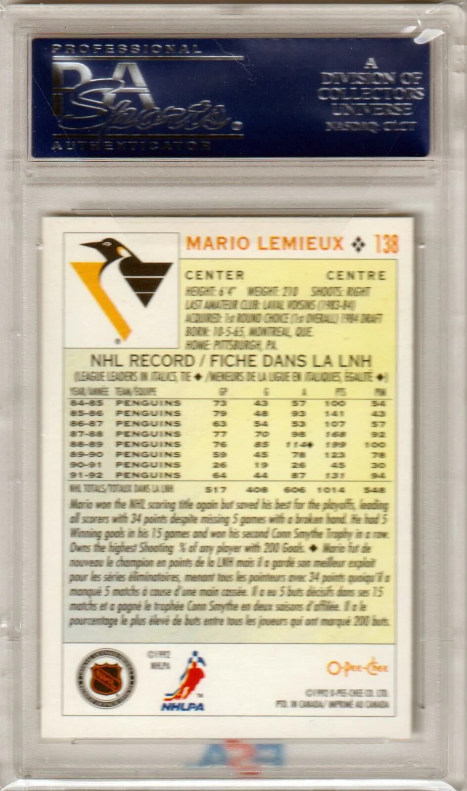 MARIO LEMIEUX 1992 O-PEE-CHEE RC Rookie #138 PSA 10 GEM MINT - PENGUINS - Image 2