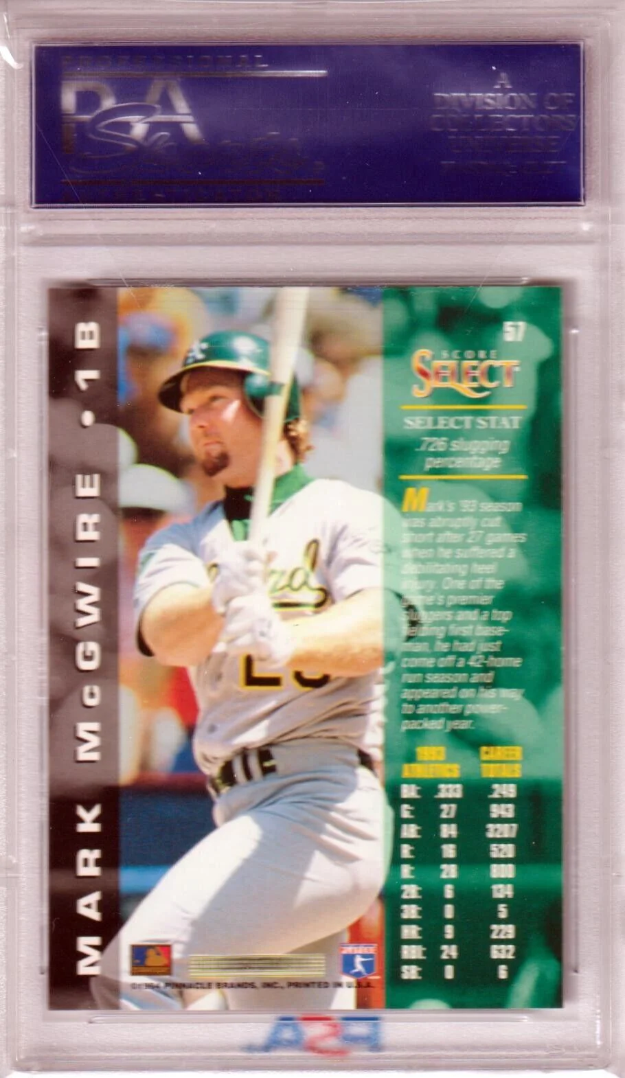 MARK McGWIRE 1994 Select #57 PSA 10 GEM MINT - ATHLETICS - Image 2