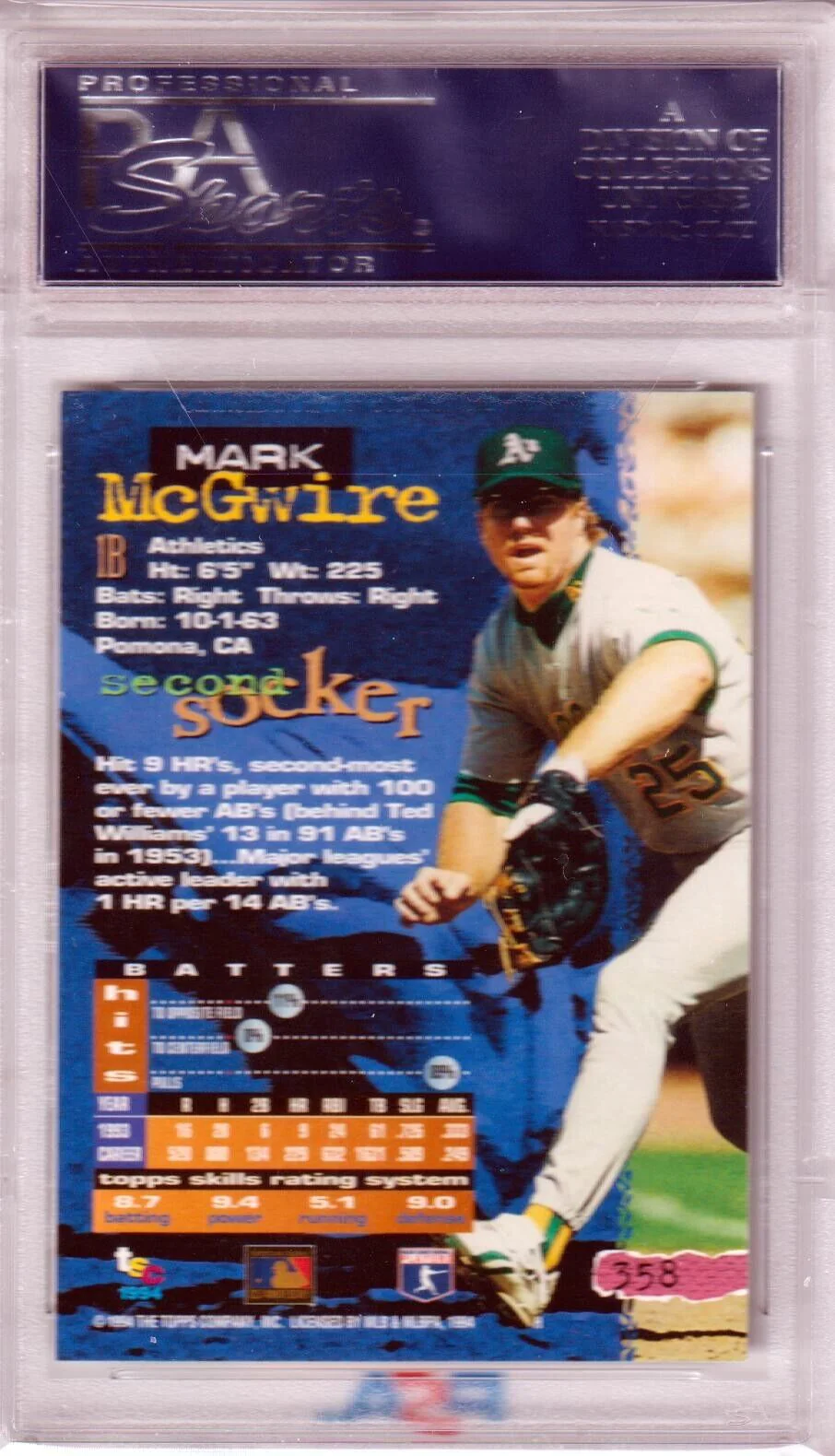 MARK McGWIRE 1994 Topps Stadium Club #358 PSA 10 GEM MINT - ATHLETICS - Image 2