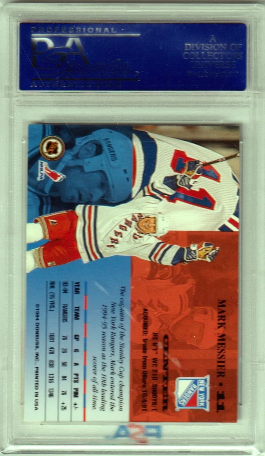 MARK MESSIER 1994 Leaf #11 PSA 10 GEM MINT - RANGERS POP 3 - Image 2