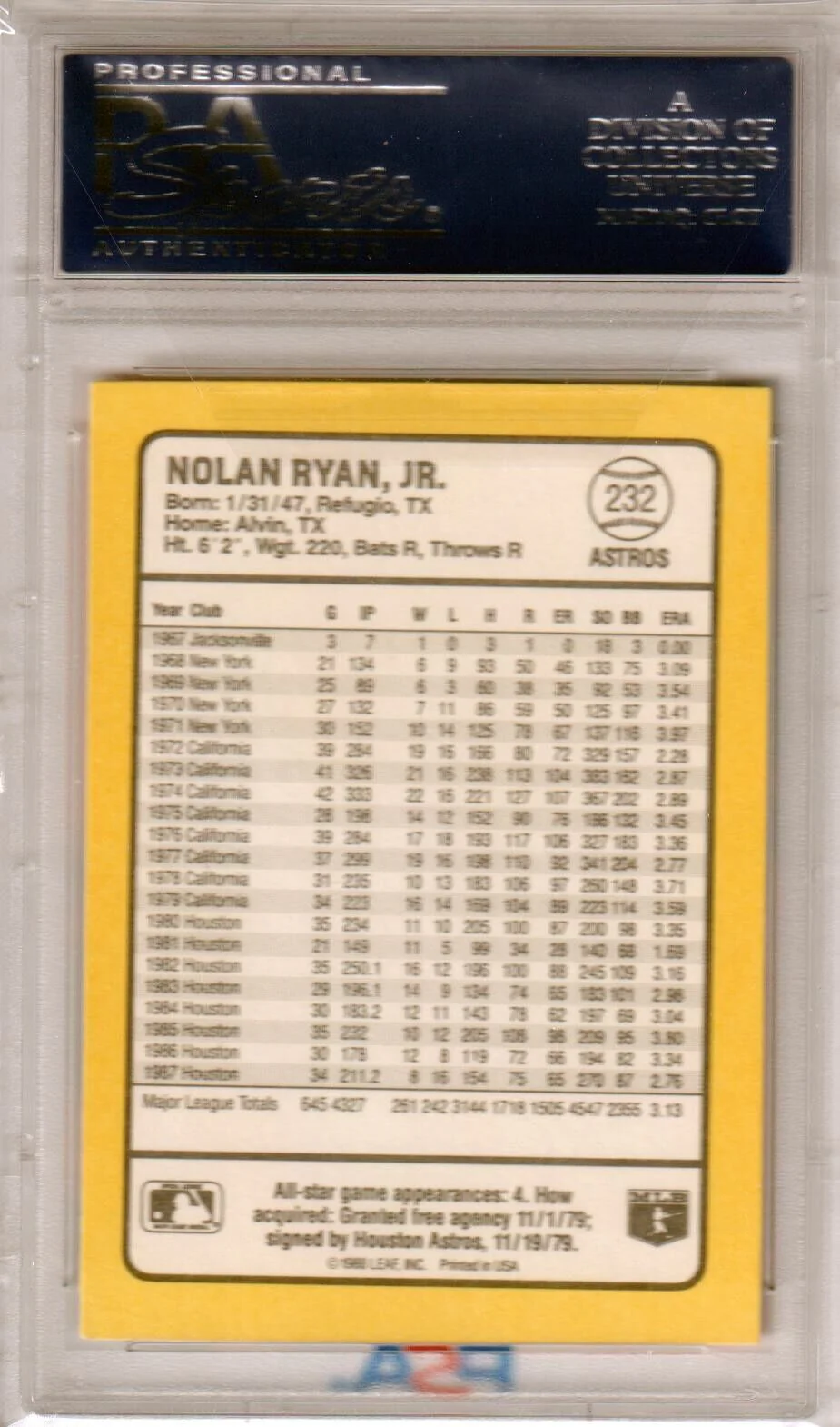 NOLAN RYAN 1988 Donruss Baseball's Best #232 PSA 10 GEM MINT - ASTROS - Image 2