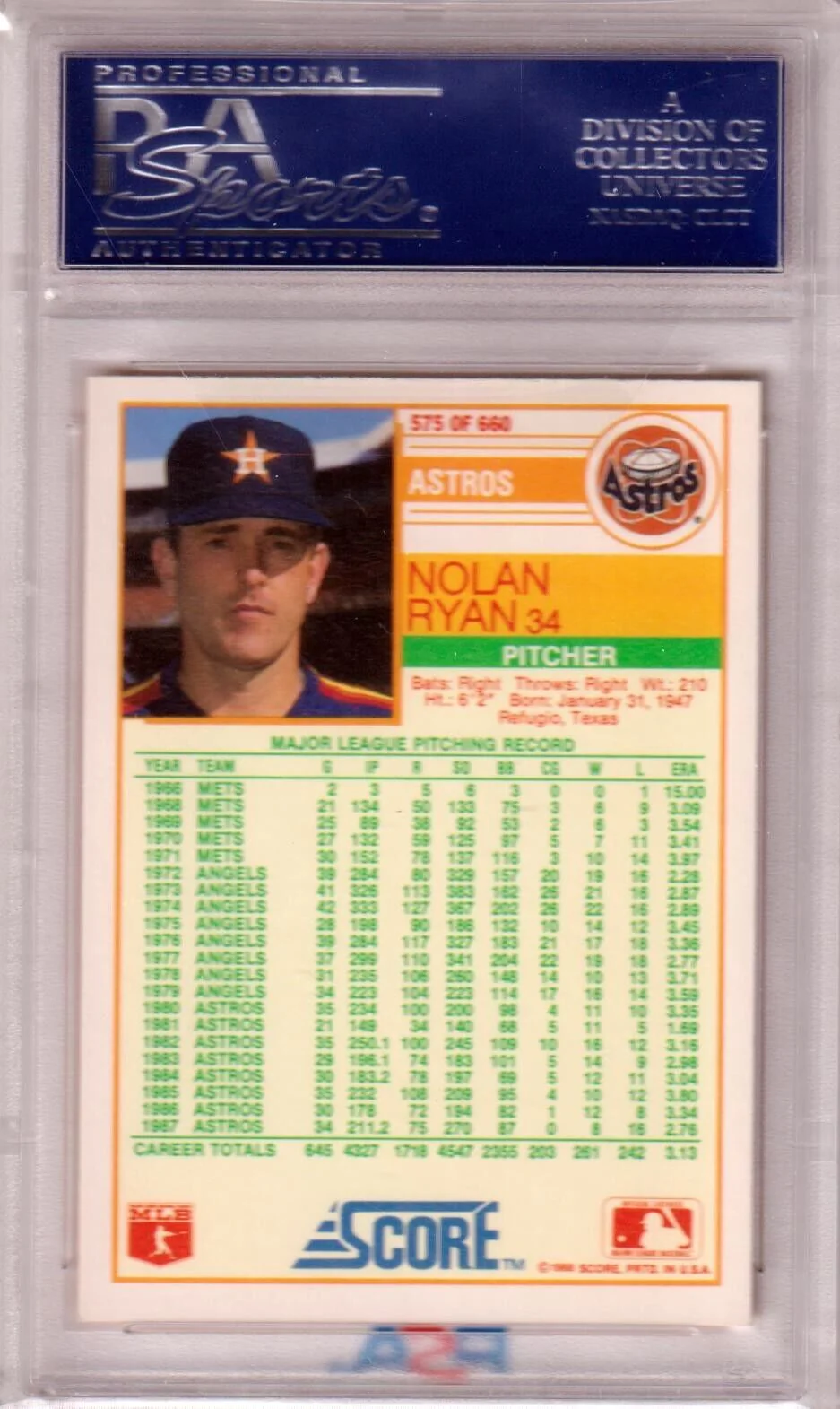 NOLAN RYAN 1988 Score #575 PSA 10 GEM MINT - ASTROS - Image 2