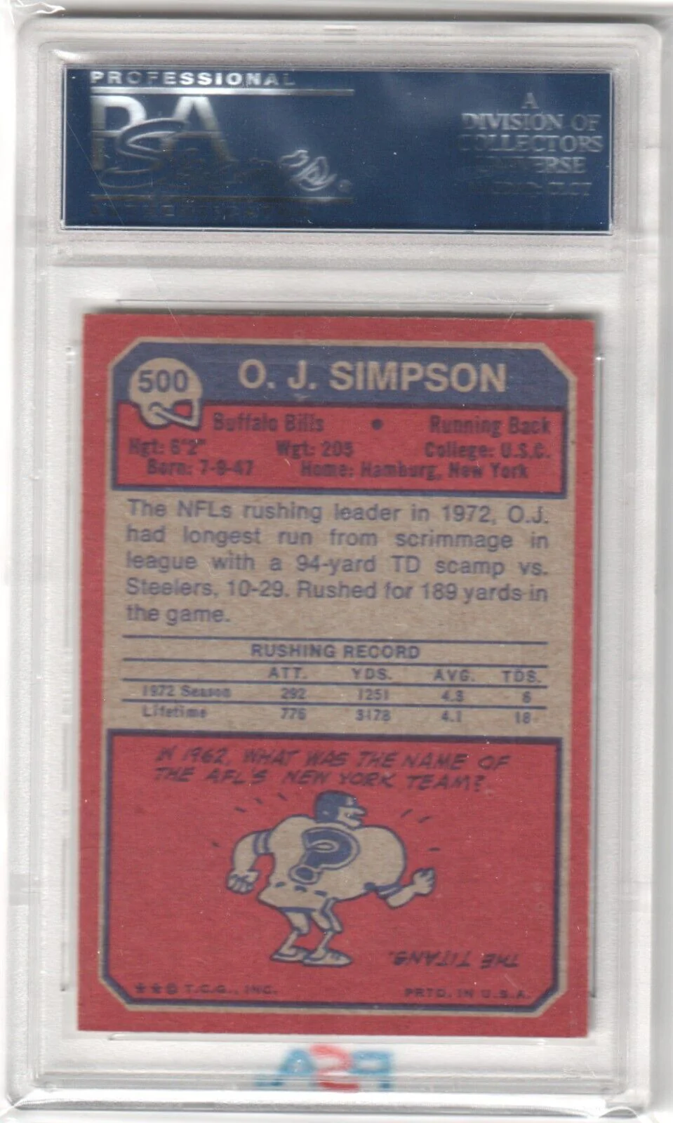 O.J. SIMPSON 1973 Topps #500 PSA 8 NM-MT - BILLS - Image 2