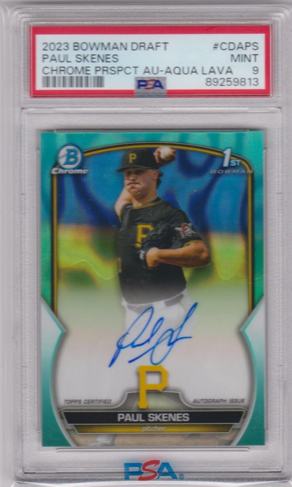 PAUL SKENES 2023 Bowman Draft Chrome Autograph Auto Aqua Lava 1st #/199 PSA 9