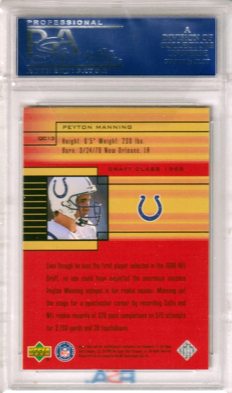 PEYTON MANNING 1999 Upper Deck Quarterback Class #QC13 PSA 10 GEM MINT - COLTS - Image 2