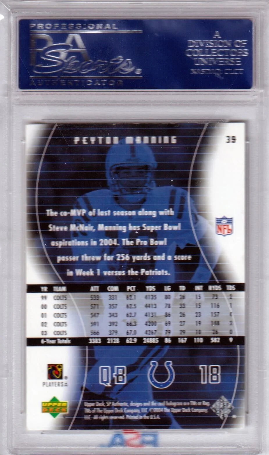 PEYTON MANNING 2004 Upper Deck SP Authentic #39 PSA 10 GEM MINT - COLTS - Image 2