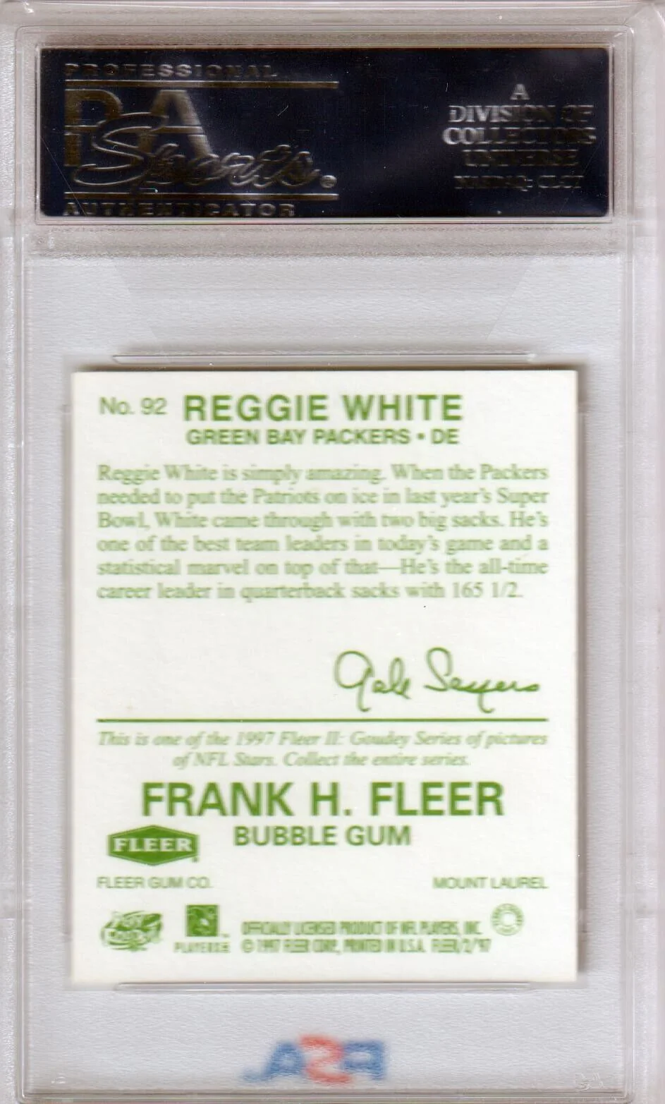 REGGIE WHITE 1997 Fleer Goudey II Gale Sayers #92 PSA 10 GEM MINT - PACKERS - Image 2