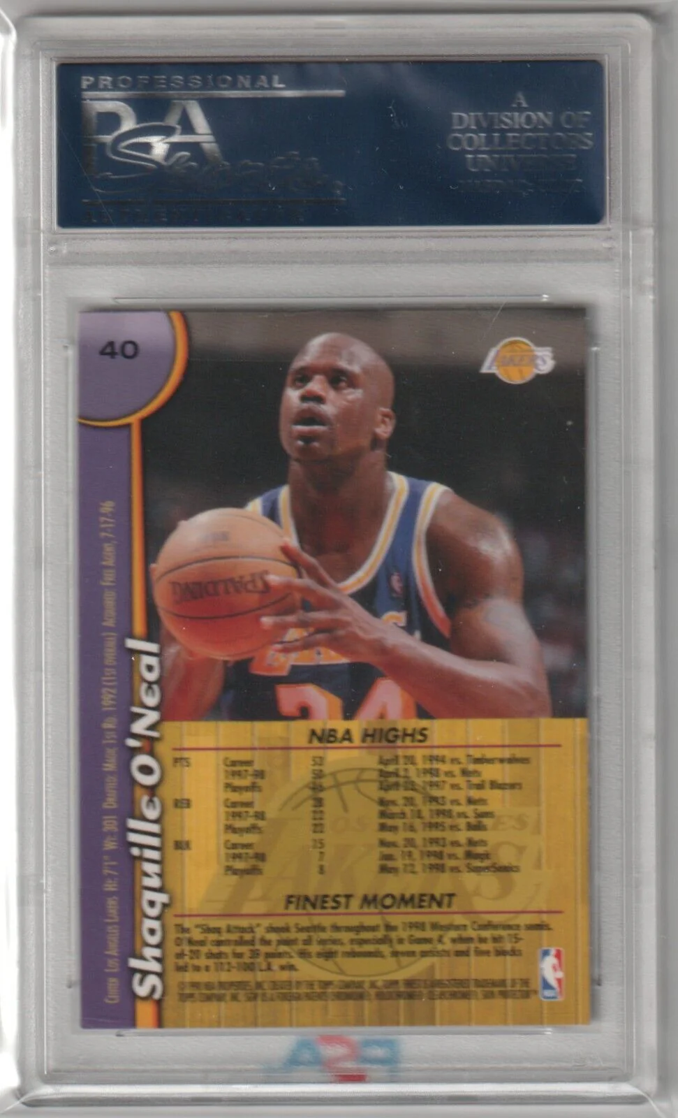 SHAQUILLE O'NEAL 1998-99 Topps Finest #40 PSA 10 GEM MINT - LAKERS - Image 2