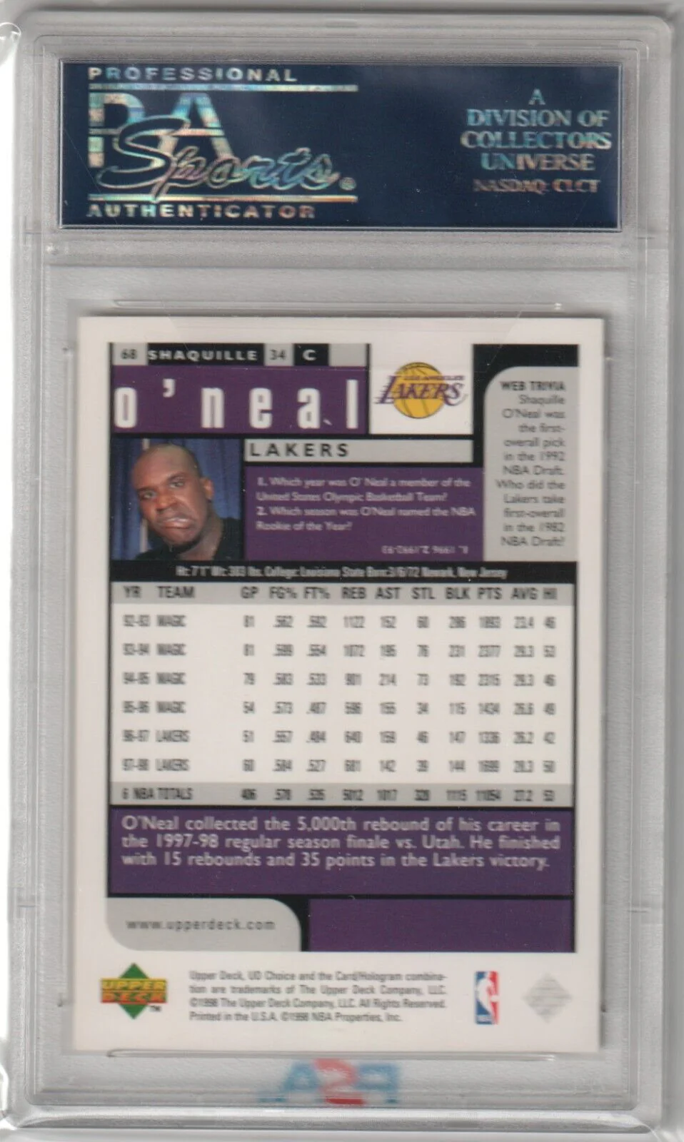 SHAQUILLE O'NEAL 1998-99 Upper Deck Choice #68 PSA 10 GEM MINT - LAKERS - Image 2