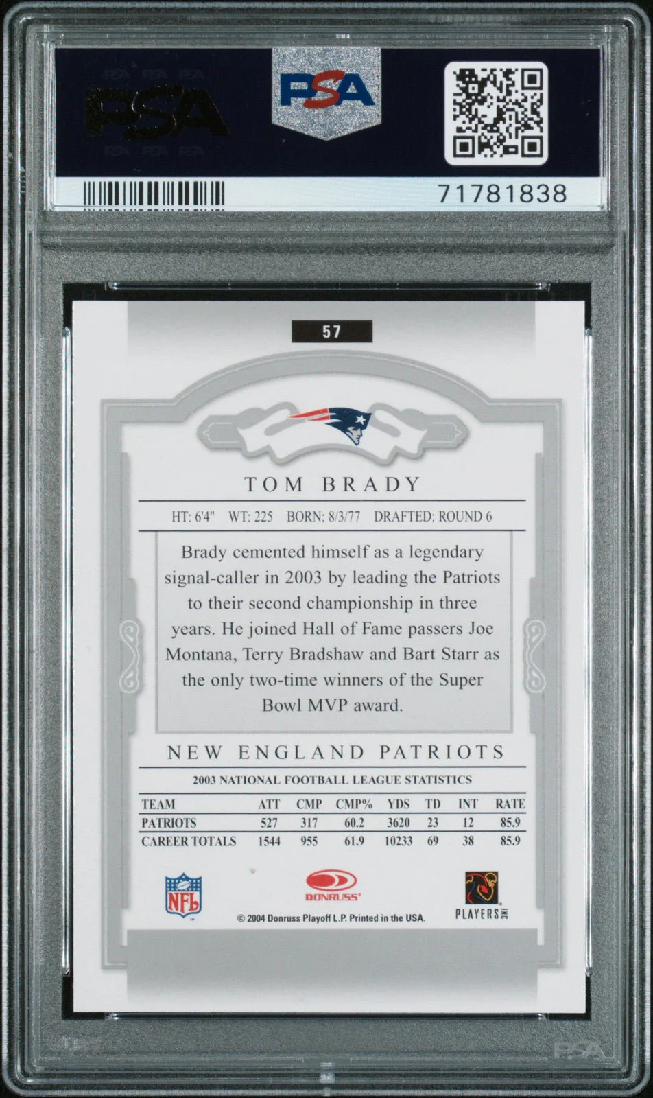 TOM BRADY 2004 Donruss Classics #57 PSA 9 MINT - PATRIOTS - Image 2