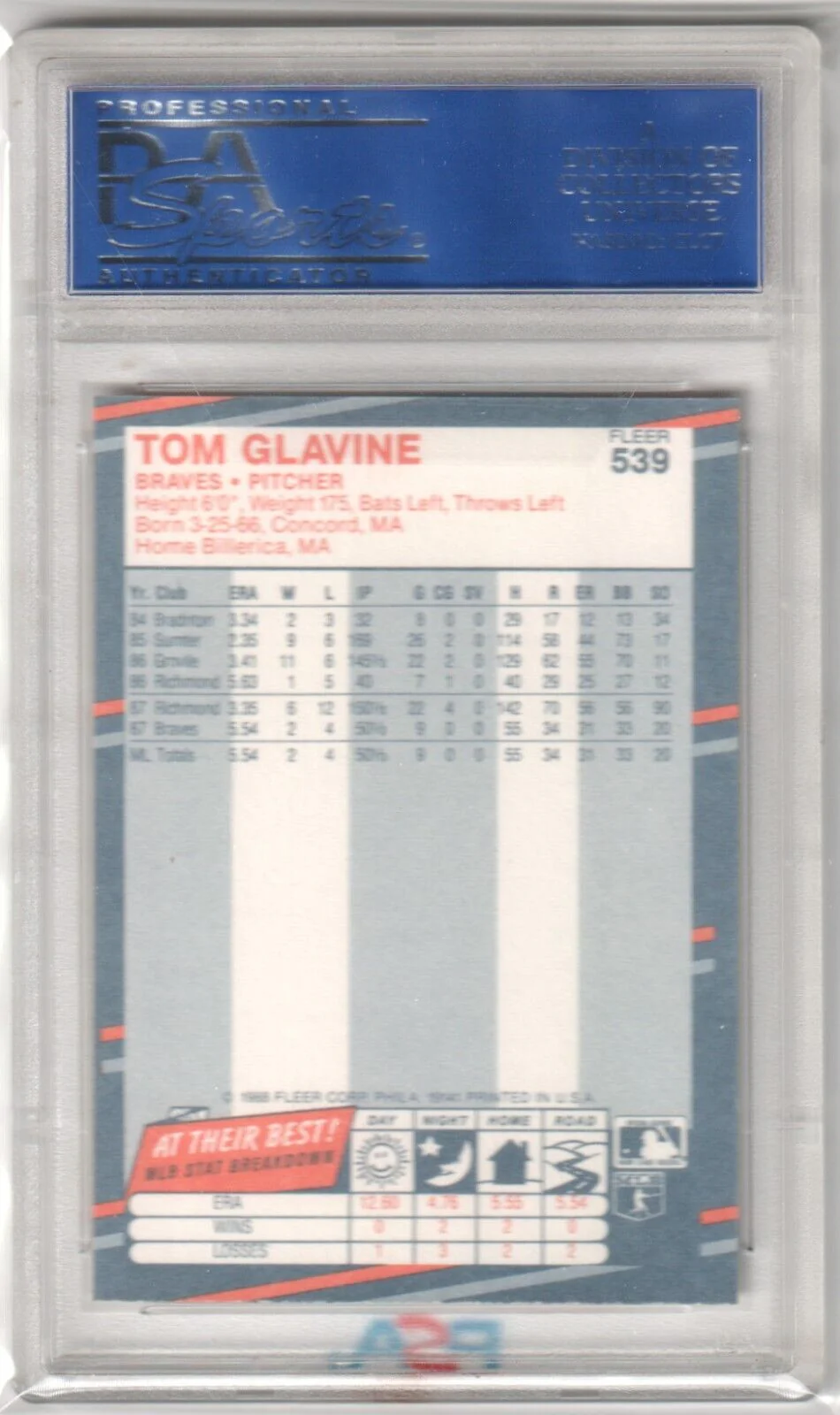 TOM GLAVINE 1988 Fleer RC Rookie #539 PSA 10 GEM MINT - BRAVES - Image 2