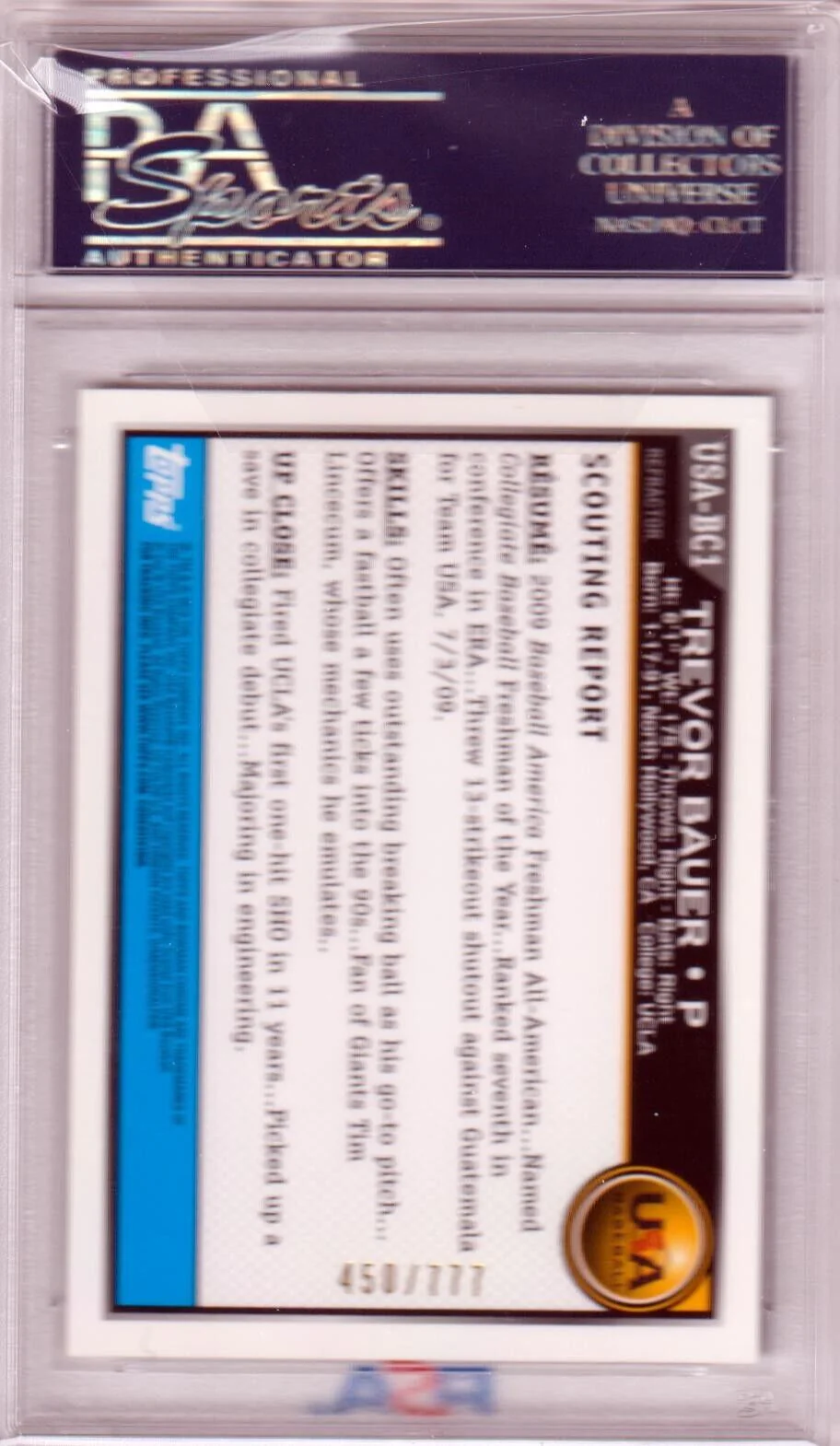 TREVOR BAUER 2010 Bowman Chrome USA Autograph Auto #/777 PSA DNA Certified - Image 2