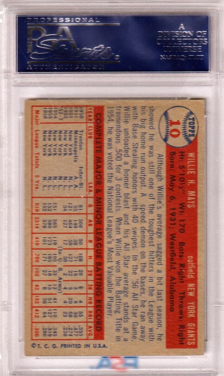 WILLIE MAYS 1957 Topps #10 PSA 5 EX - GIANTS - Image 2