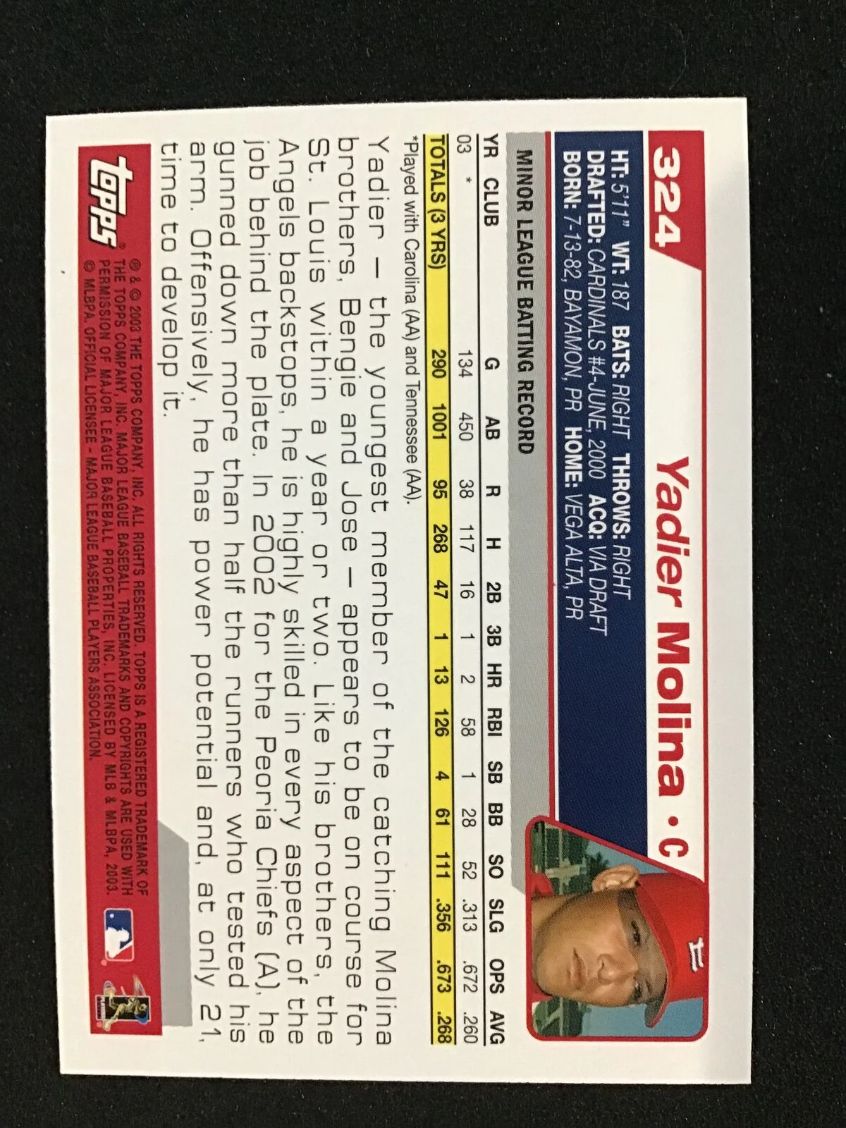 Yadier Molina 2004 Topps 324 RC Rookie - St. Louis Cardinals - Image 2
